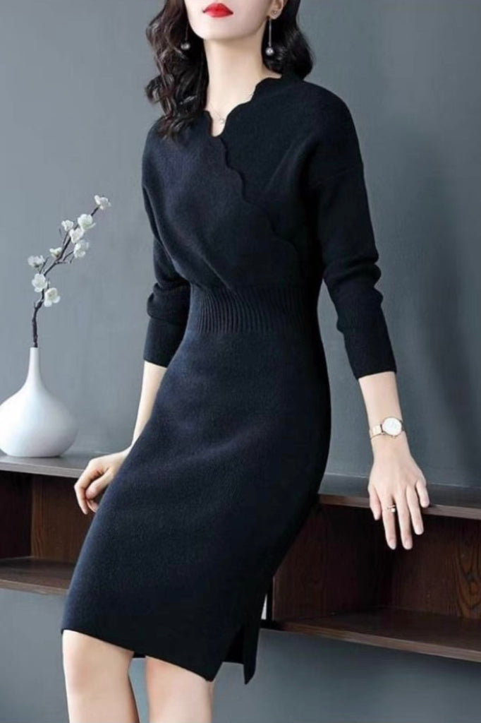 Scallop V Neck Sweater Dress