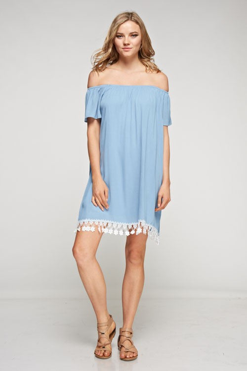 blue crochet off the shoulder dress Off Shoulder Crochet Detail Dress L / Fuchsia