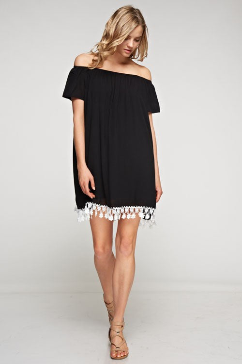 black crochet off the shoulder dress boohoo Women's Crochet Knitted Asymmetric Shoulder Dress & Neck Tie in Black