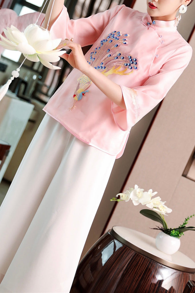 Pink Peacock Embroidered Qipao Top