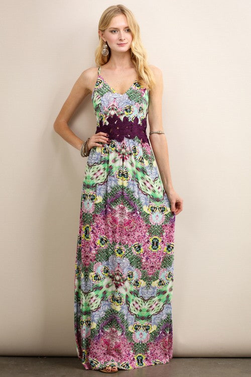 Floral Maxi Dress w/ Crochet Waist - Soieblu Dress | Soieblu M Floral Maxi Dress w/ Crochet Waist - Soieblu Dress | Soieblu M