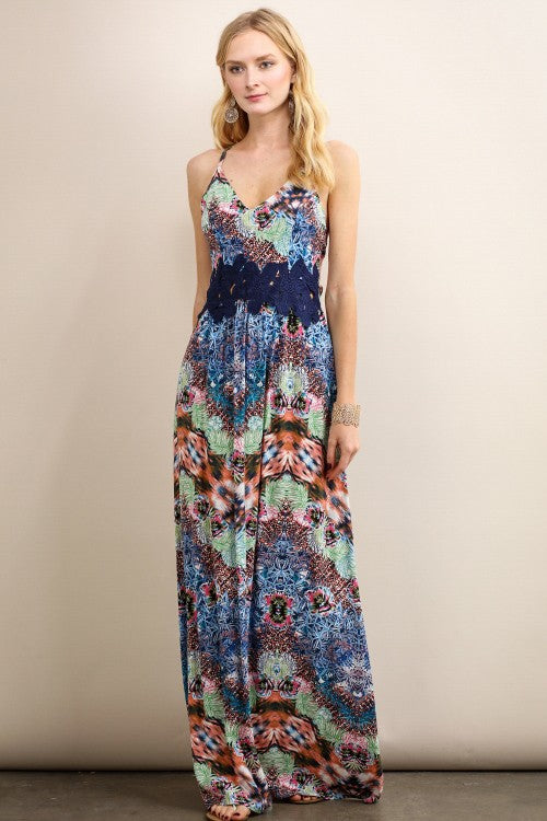 Floral Maxi Dress W/ Crochet Waist