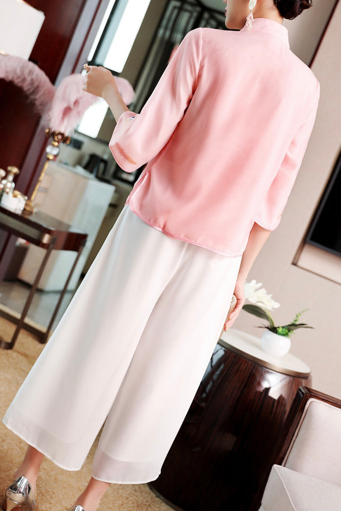 Pink Peacock Embroidered Qipao Top