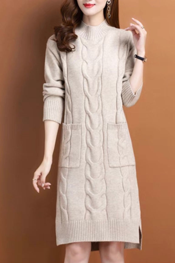 Slit Cable Knit Wool Dress