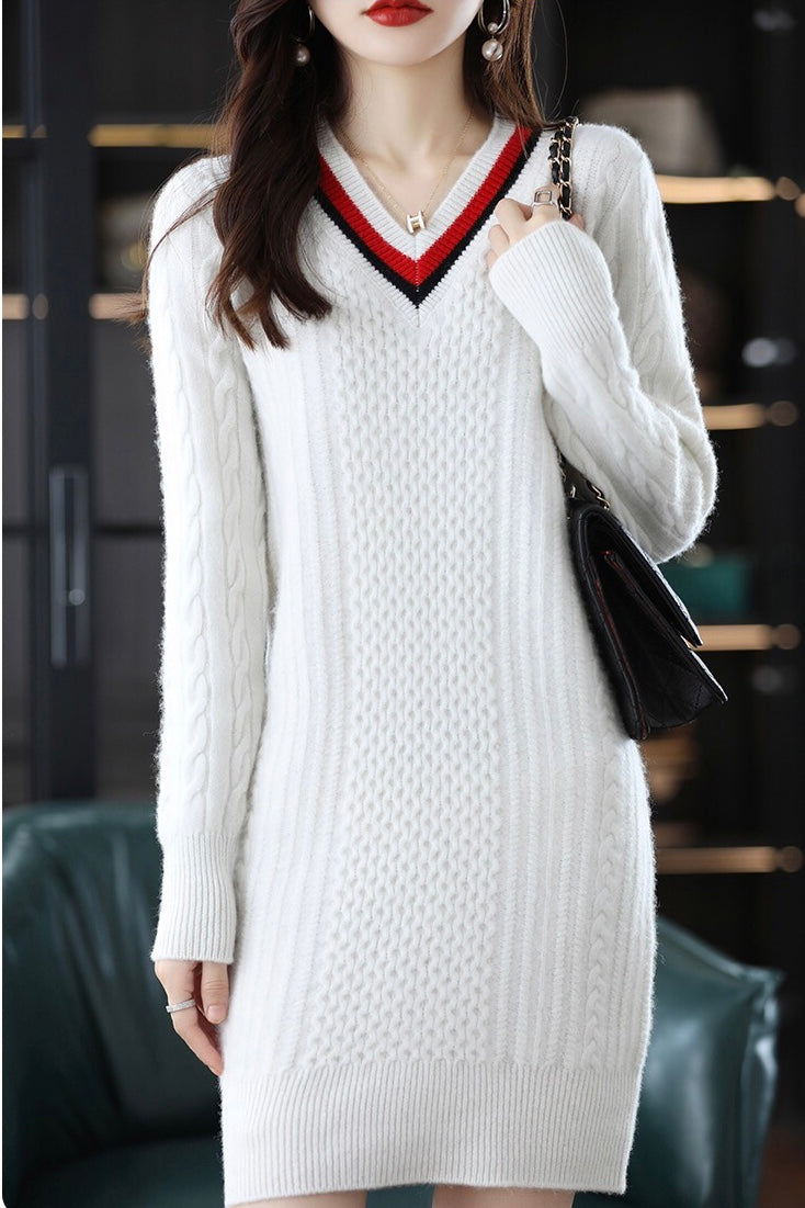 V Neck Sweater Mini Dress With Color Contrast - Women's Sweater Dress S V Neck Sweater Mini Dress With Color Contrast - Women's Sweater Dress S