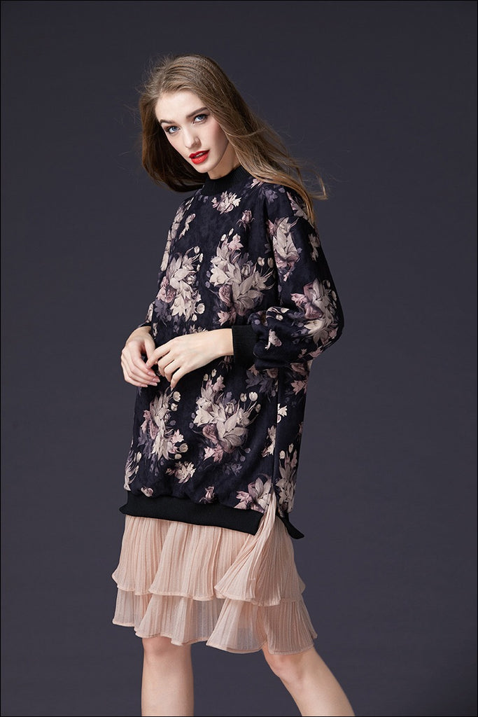 Oversized Sweatshirt Dress W/ Chiffon Hem