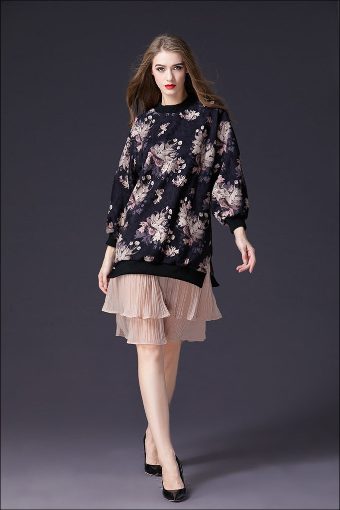 Oversized Sweatshirt Dress W/ Chiffon Hem