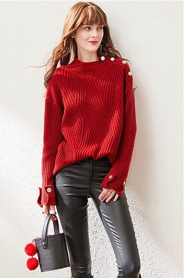 Red Wool Sweater W/ Gold Buttons
