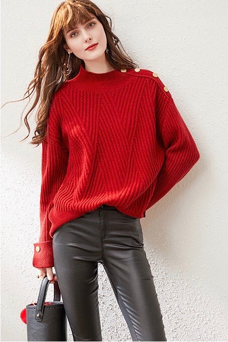 Red Sweater with Gold Buttons - Women's Sweater | Dress Album L Red Sweater with Gold Buttons - Women's Sweater | Dress Album L