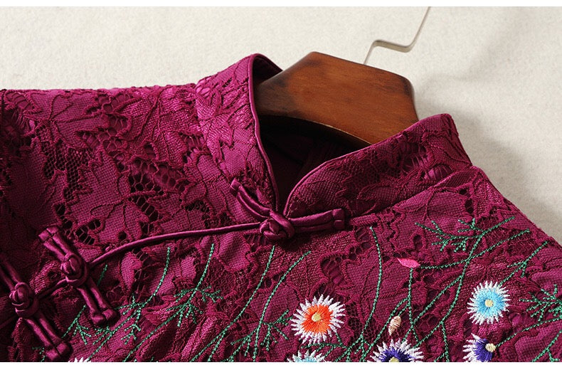 Purple Embroidered Lace Qipao Dress