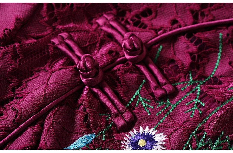 Purple Embroidered Lace Qipao Dress