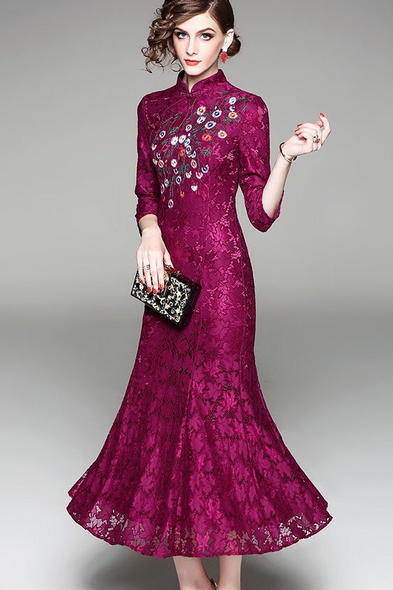 Purple Embroidered Lace Qipao Dress
