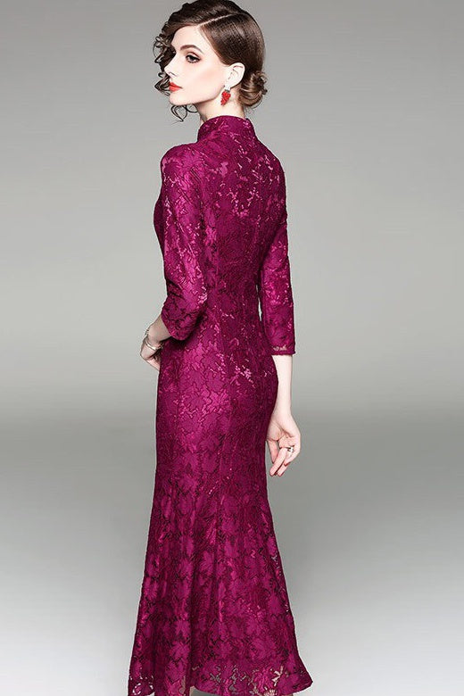 Purple Embroidered Lace Qipao Dress