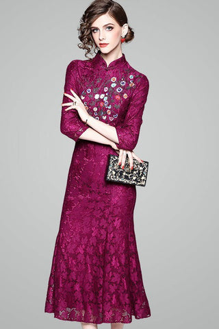 Purple Embroidered Lace Qipao Dress