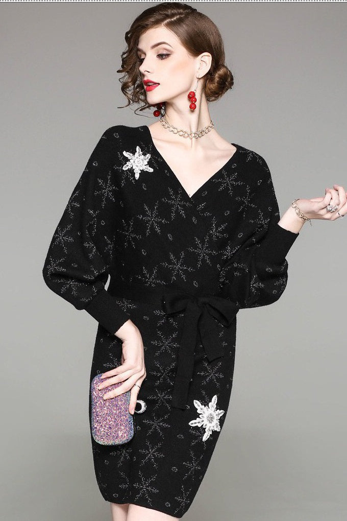 V Neck Snowflake Sweater Dress