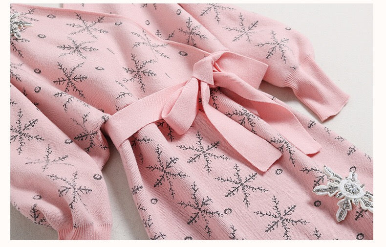 V Neck Snowflake Sweater Dress