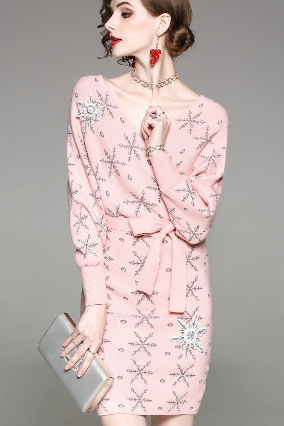 V Neck Snowflake Sweater Dress