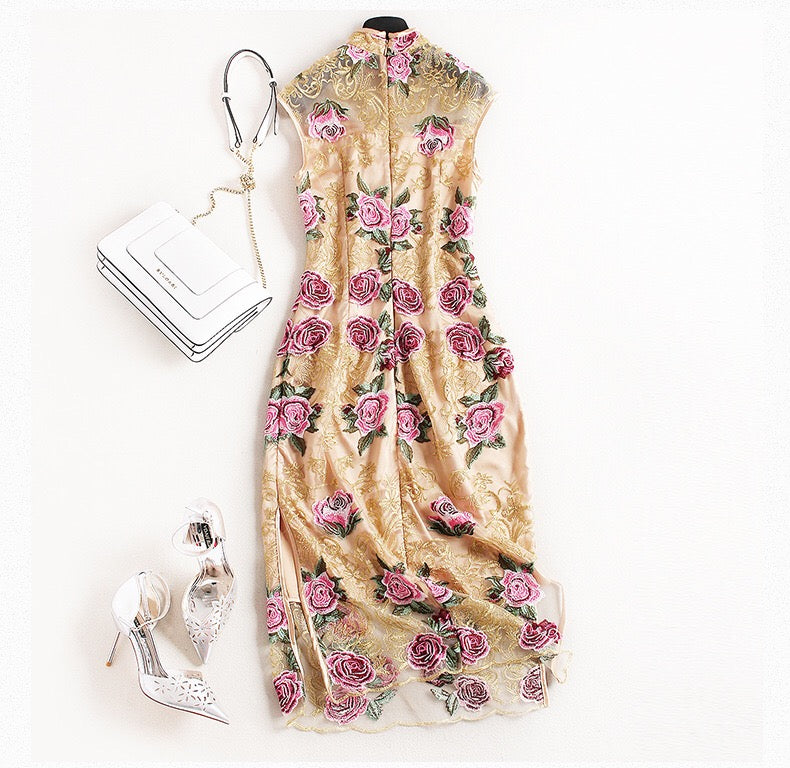 Floral Embroidered Lace Qipao Dress