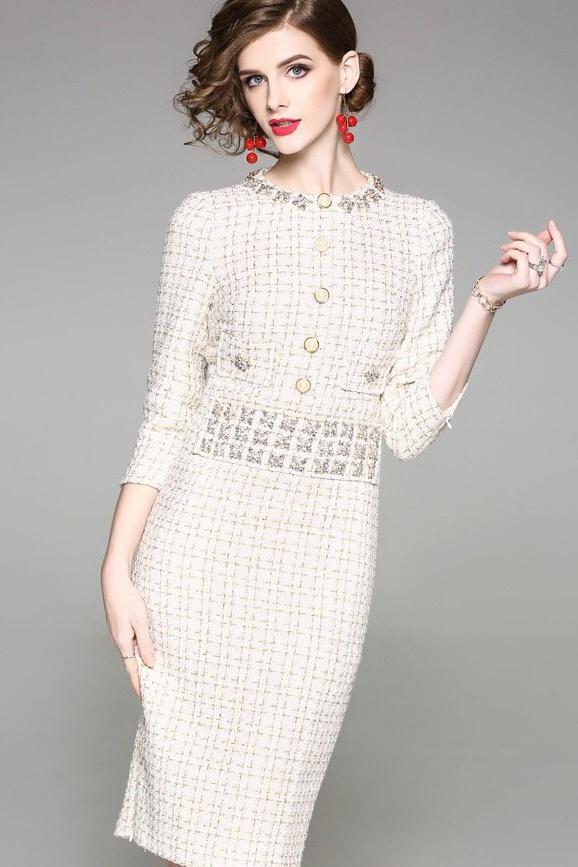 Gold Thread Sheath Dress with Bead Detail- Women's Dress | Dress Album Gold Thread Sheath Dress with Bead Detail- Women's Dress | Dress Album