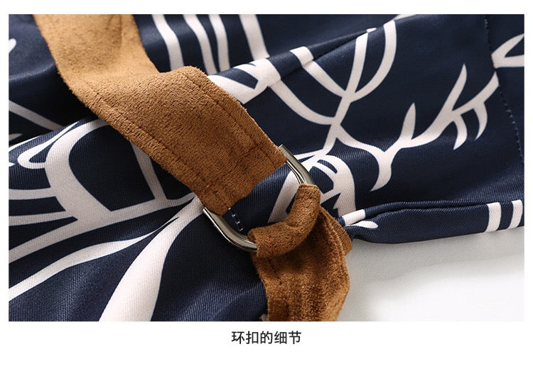 Navy Print Maxi Dress W/ Belt