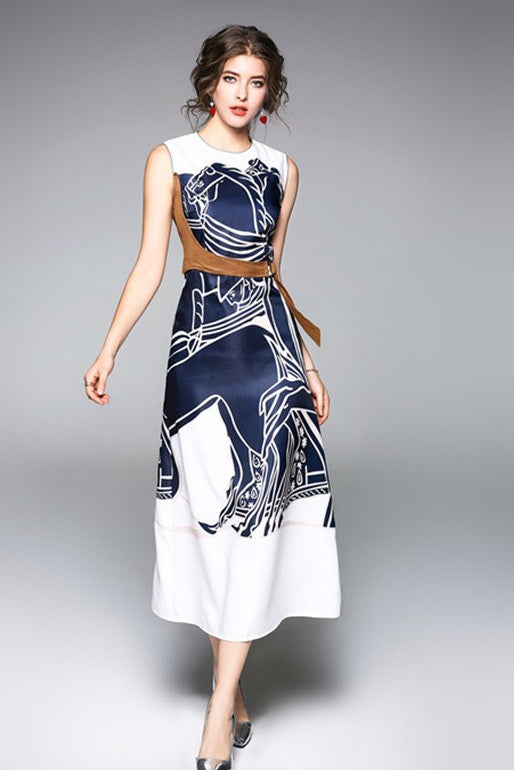 Navy Print Maxi Dress W/ Belt