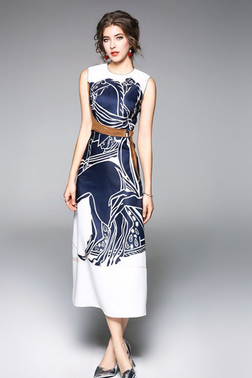 Navy Print Maxi Dress W/ Belt