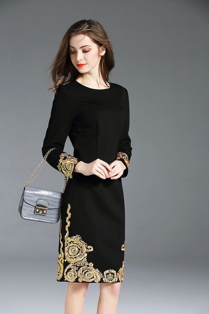Black Dress W/ Gold Floral Detail