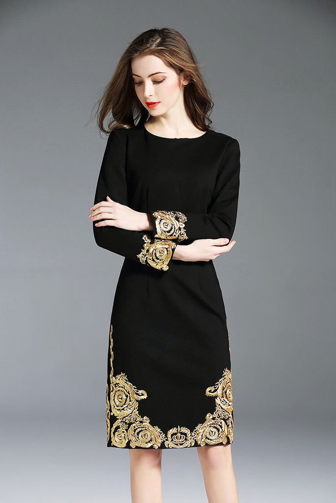 Black Dress W/ Gold Floral Detail