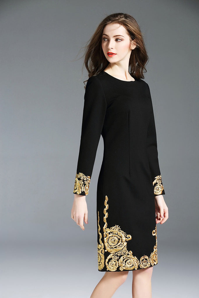 Black Dress W/ Gold Floral Detail