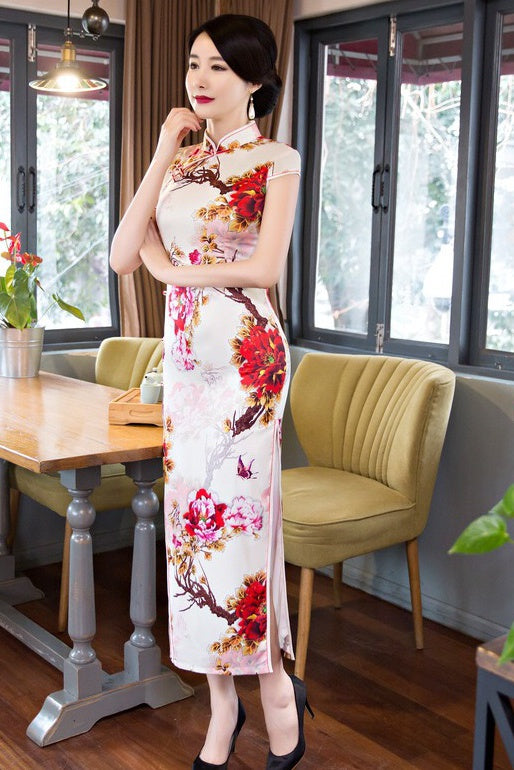 Floral Print Long Qipao Dress