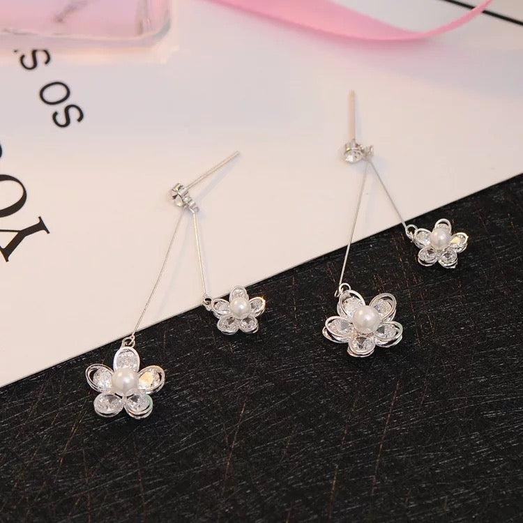 Two Flower Crystal Drop Earrings