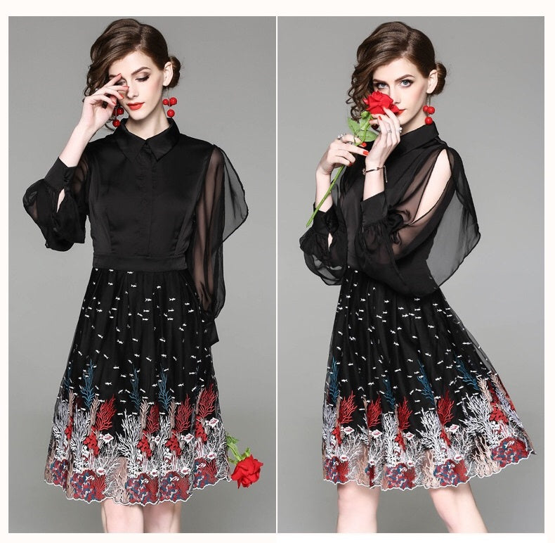 Slit Sleeve Embroidered Dress