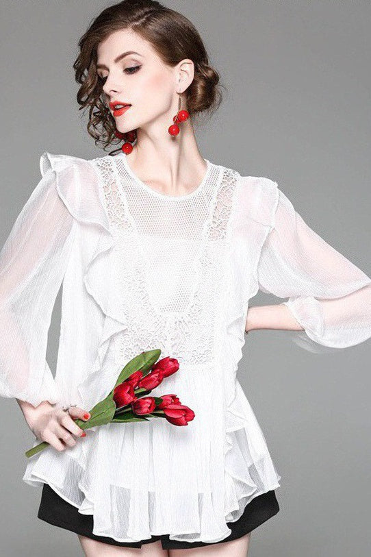 Chiffon Top W/ Lace and Ruffle Detail