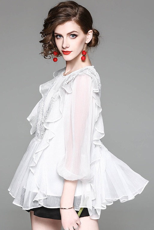 Chiffon Top W/ Lace and Ruffle Detail