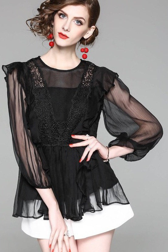 Chiffon Top W/ Lace and Ruffle Detail