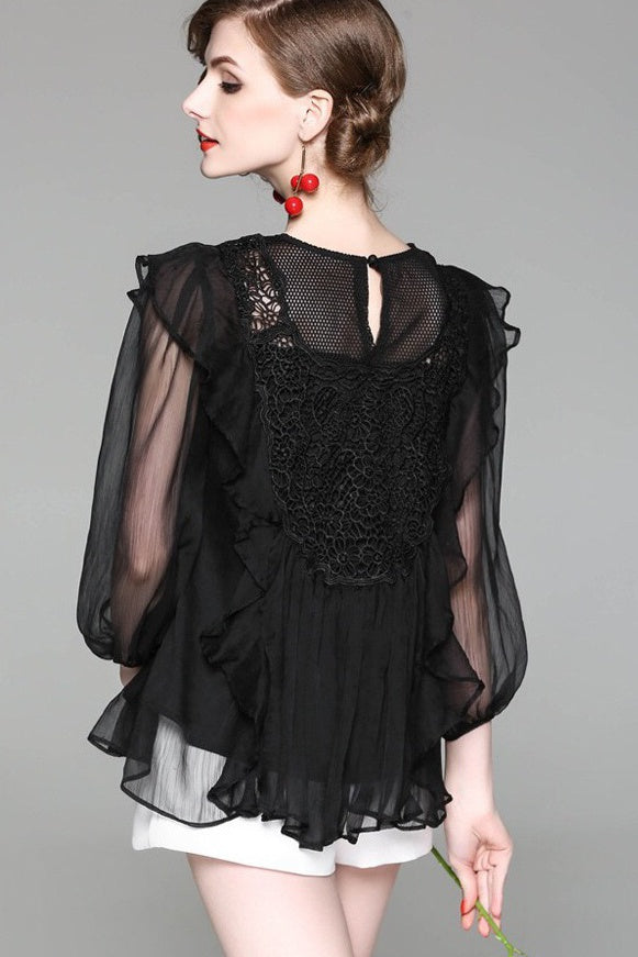 Chiffon Top W/ Lace and Ruffle Detail