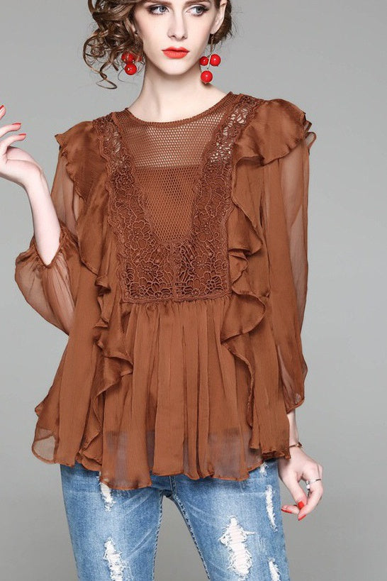 Chiffon Top W/ Lace and Ruffle Detail