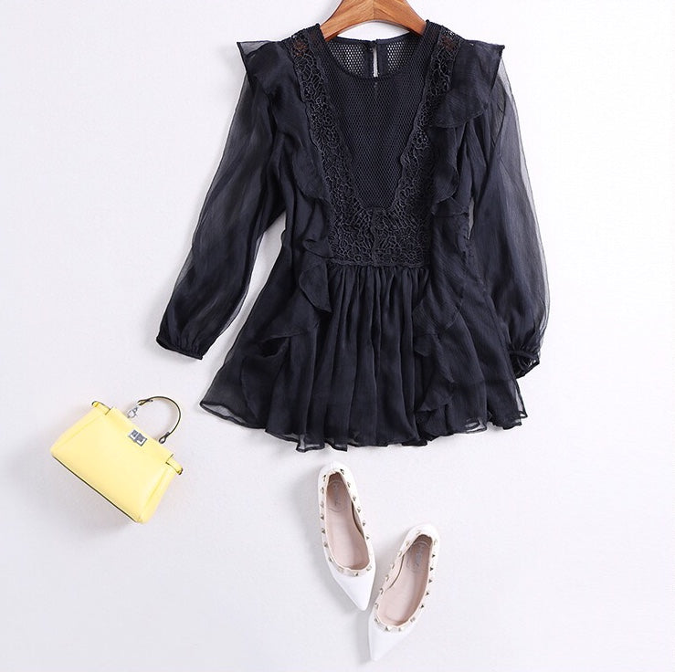 Chiffon Top W/ Lace and Ruffle Detail