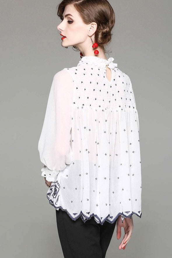 Pleated Chiffon Top W/ Embroidery