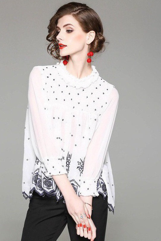 Pleated Chiffon Top W/ Embroidery