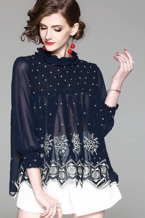 Pleated Chiffon Top W/ Embroidery