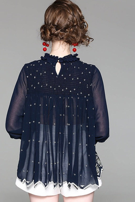 Pleated Chiffon Top W/ Embroidery