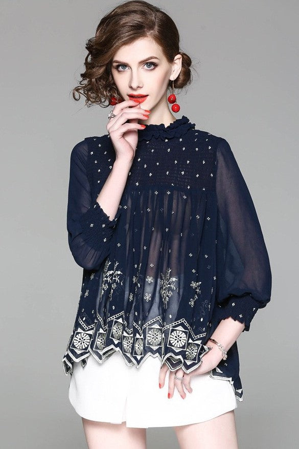 Pleated Chiffon Top W/ Embroidery