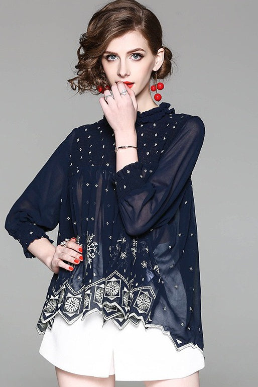 Pleated Chiffon Top W/ Embroidery