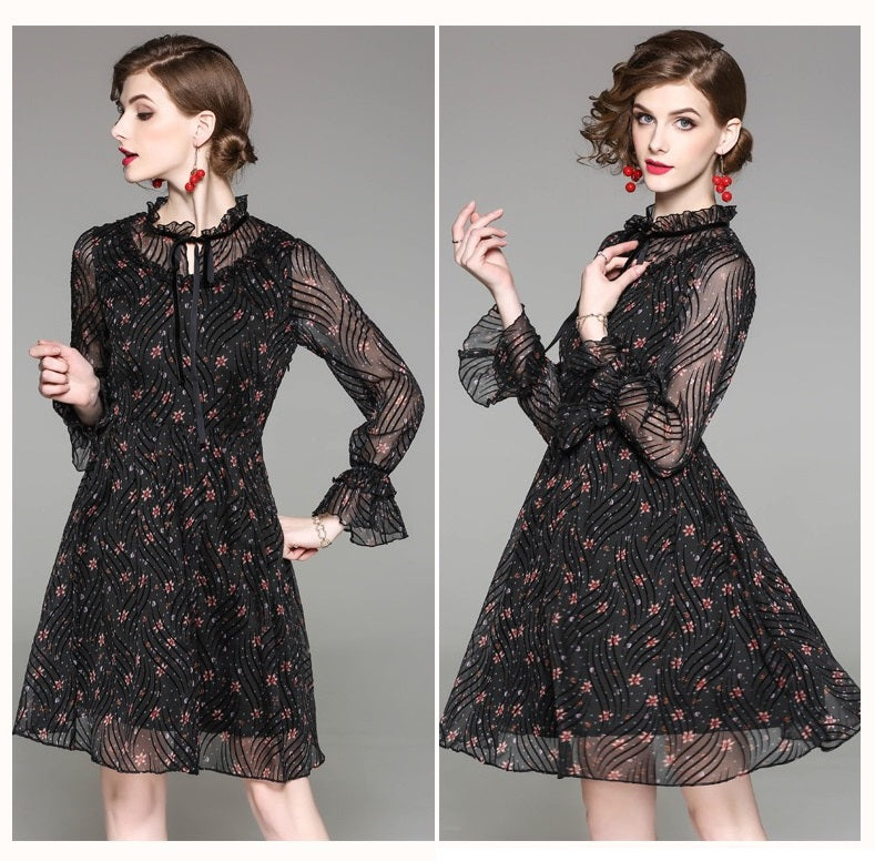 Small Flower Black Chiffon Dress