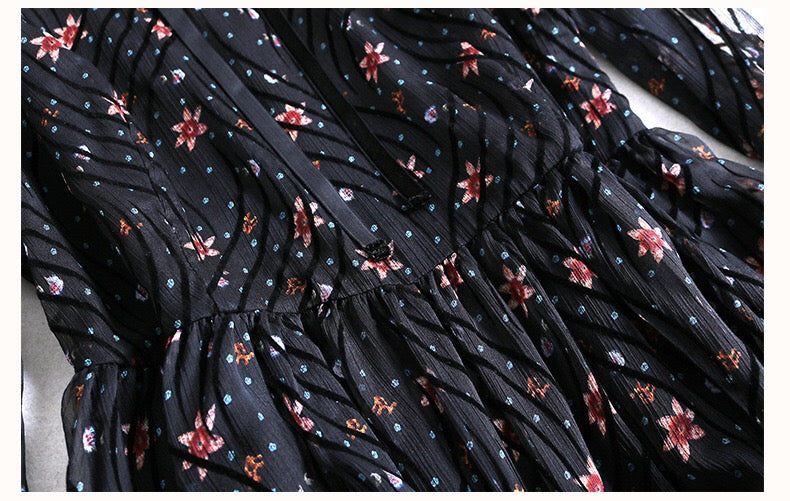 Small Flower Black Chiffon Dress
