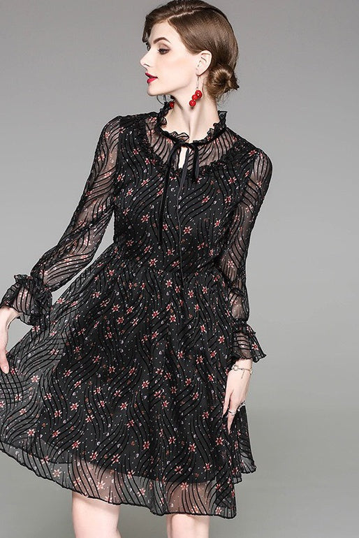 Small Flower Black Chiffon Dress