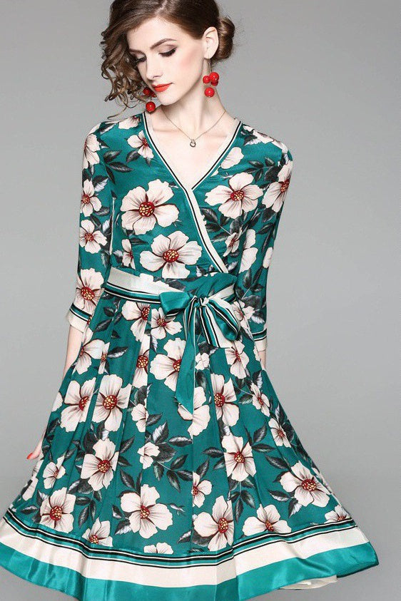 V Neck Floral Silk Dress