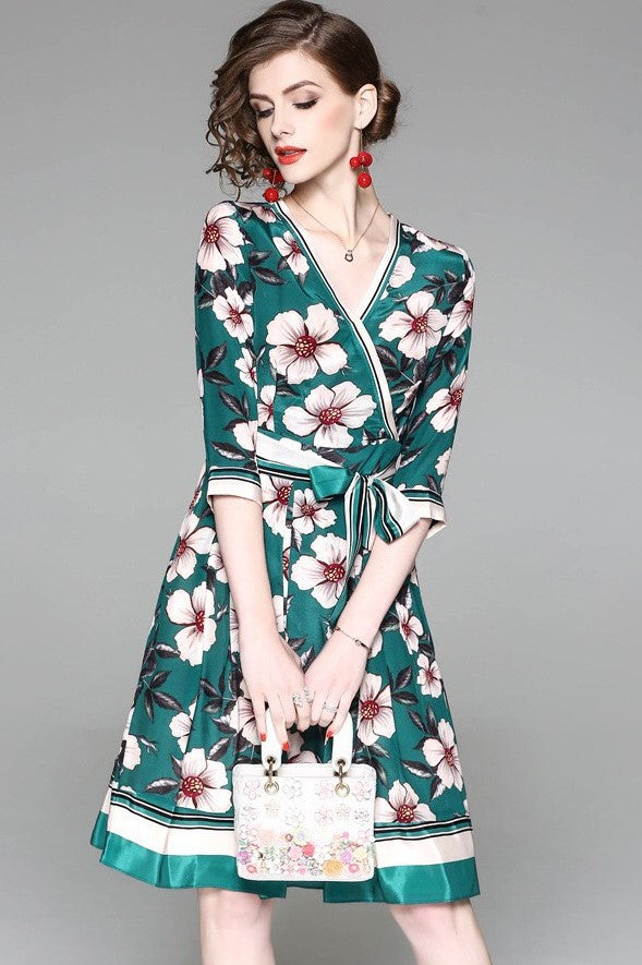 V Neck Floral Silk Dress