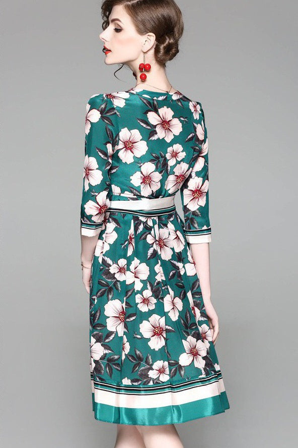 V Neck Floral Silk Dress